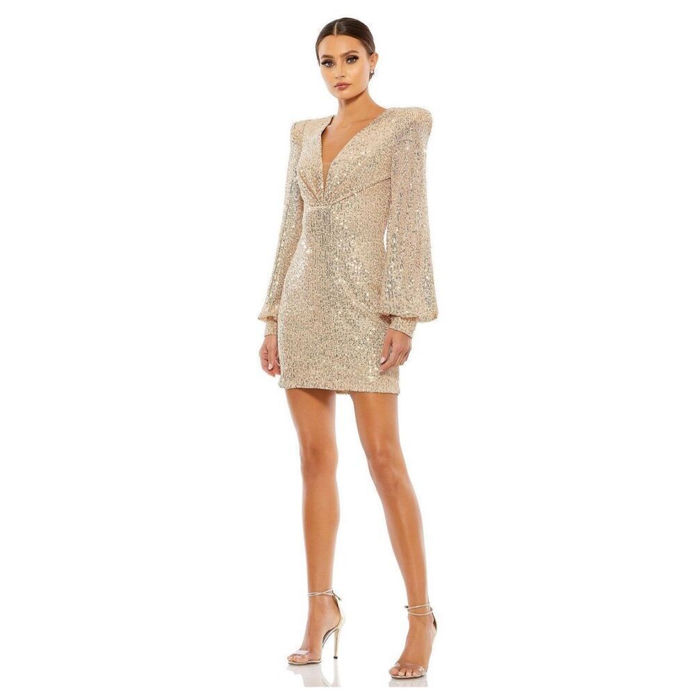 Nwt Mac Duggal Women's Sequined Structured Bishop Sleeve Mini Dress. Size 6